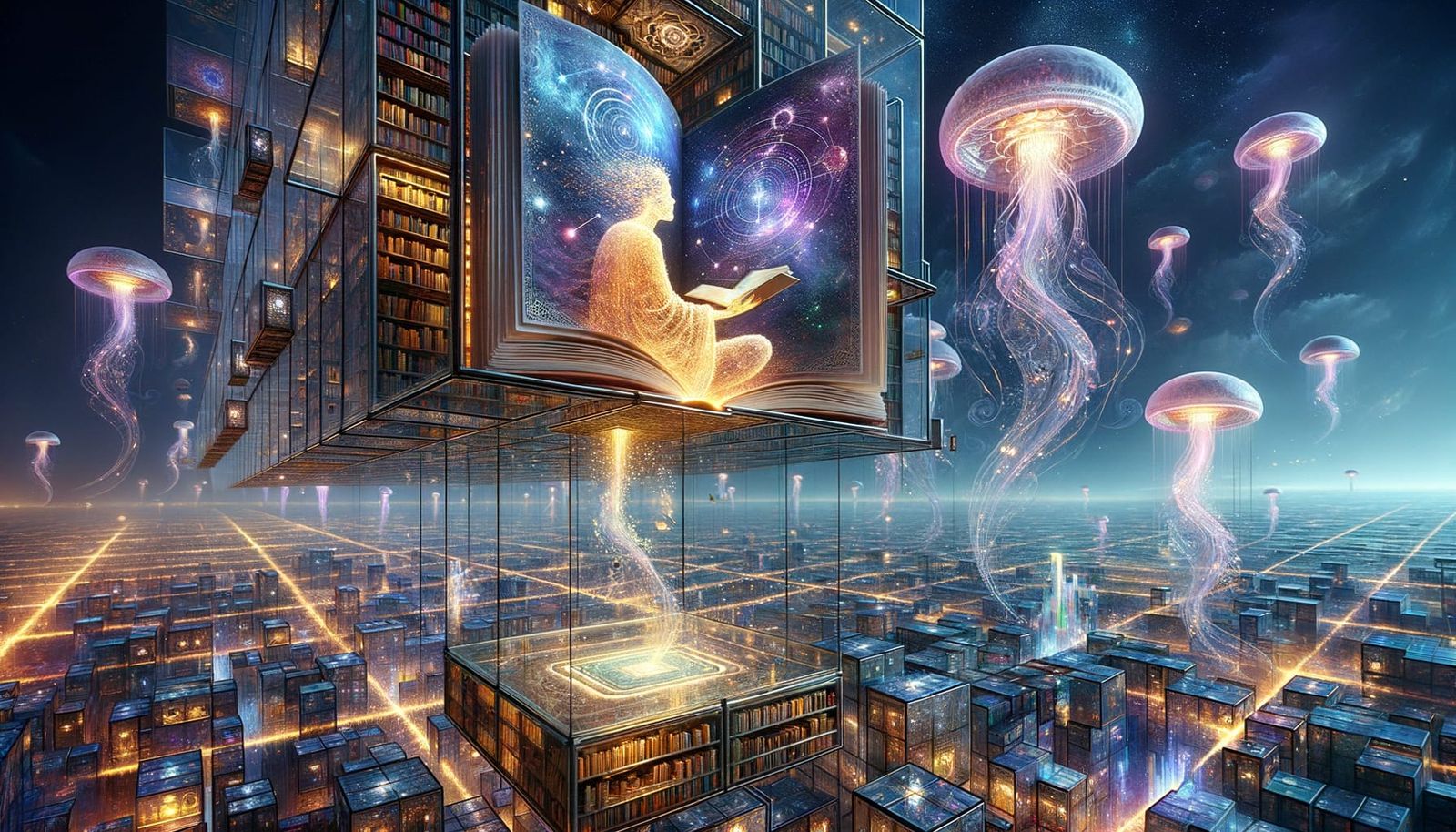 Futuristic Library Sails Above Celestial City