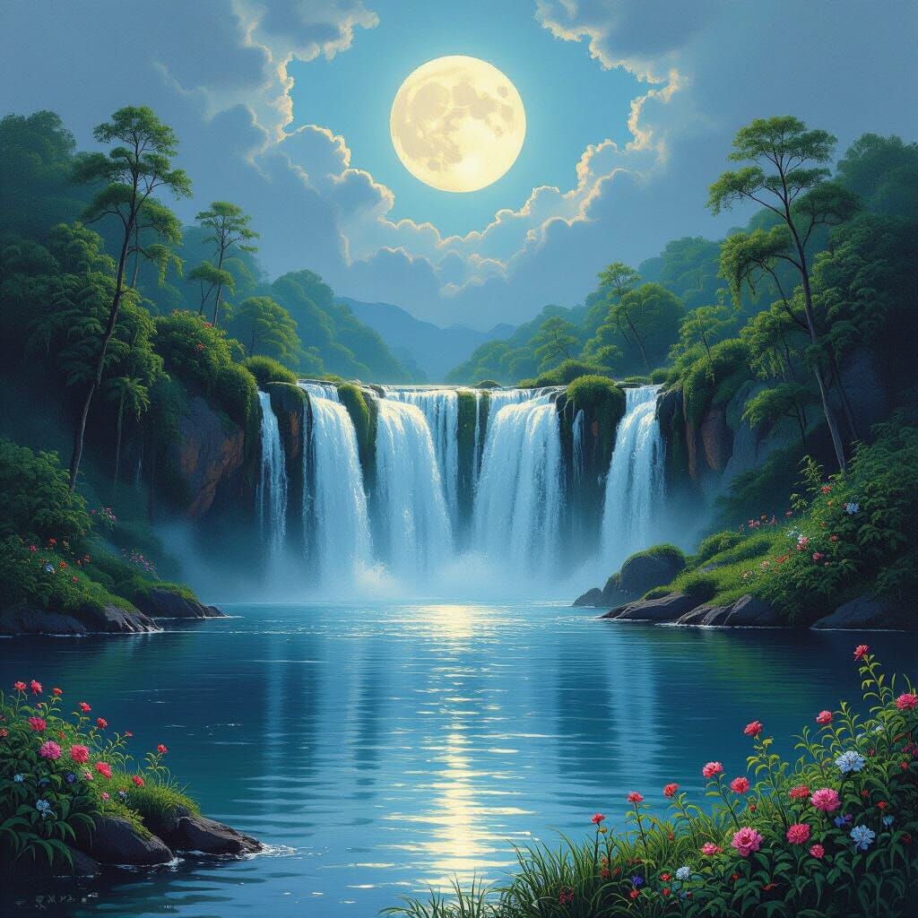 Moonlit Waterfall in Impressionistic Style