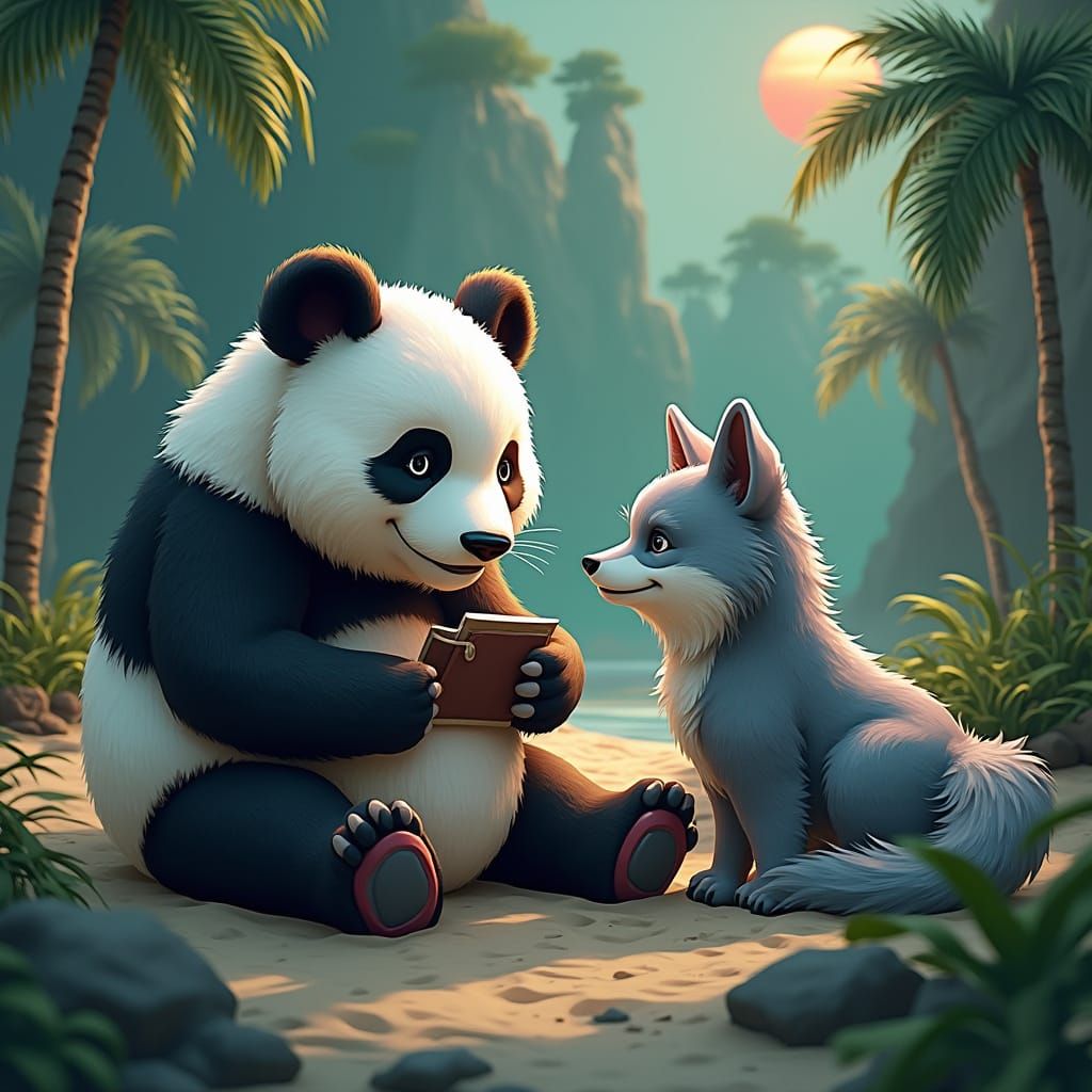 Panda and Wolf Watch Sunset: Fantasy Concept Art