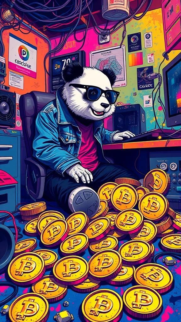 Panda Coder Surrounded by Gold Coins in Cyberpunk Style