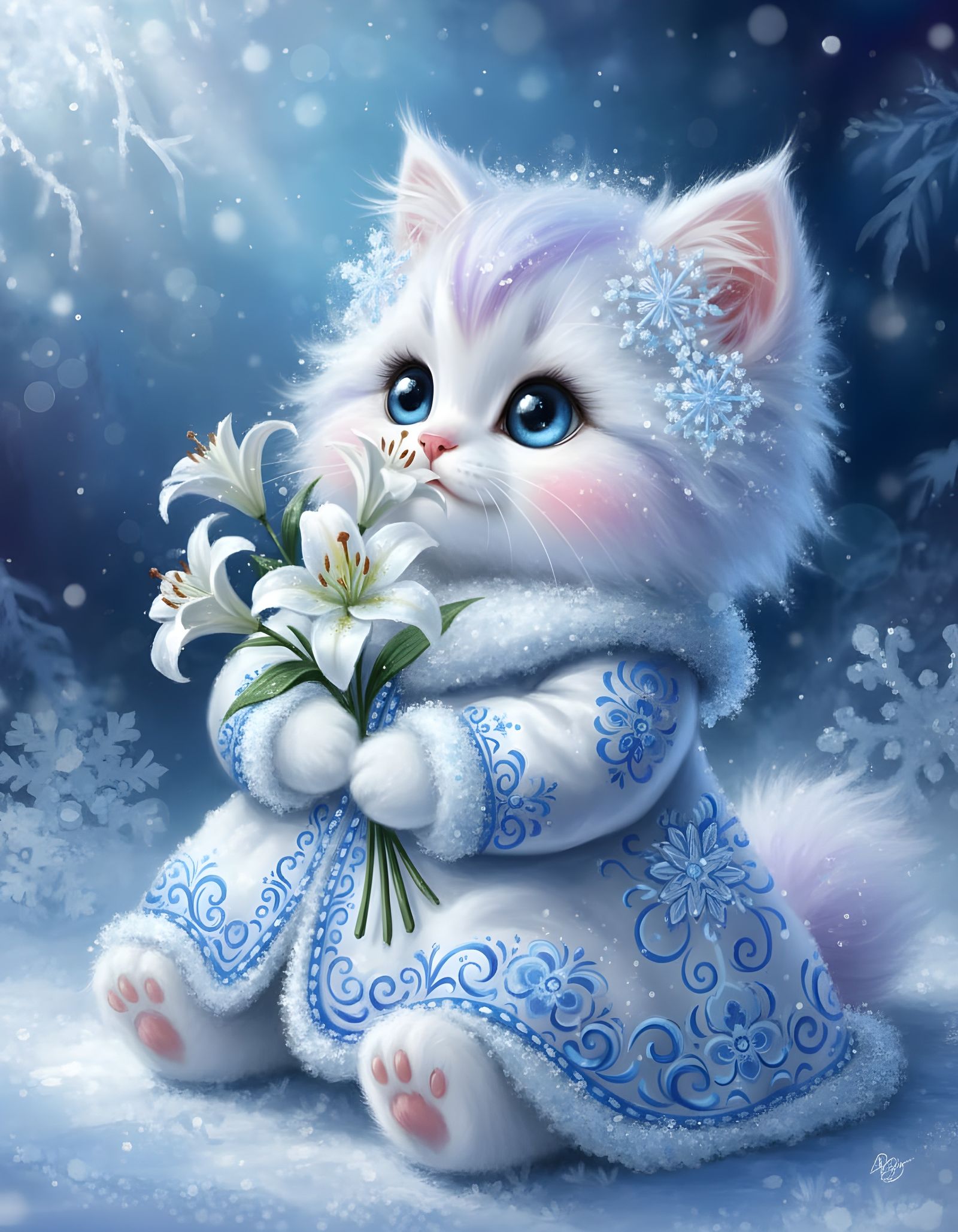 Fantasy Toy Cutie on Kitten Nose, Winter Painting