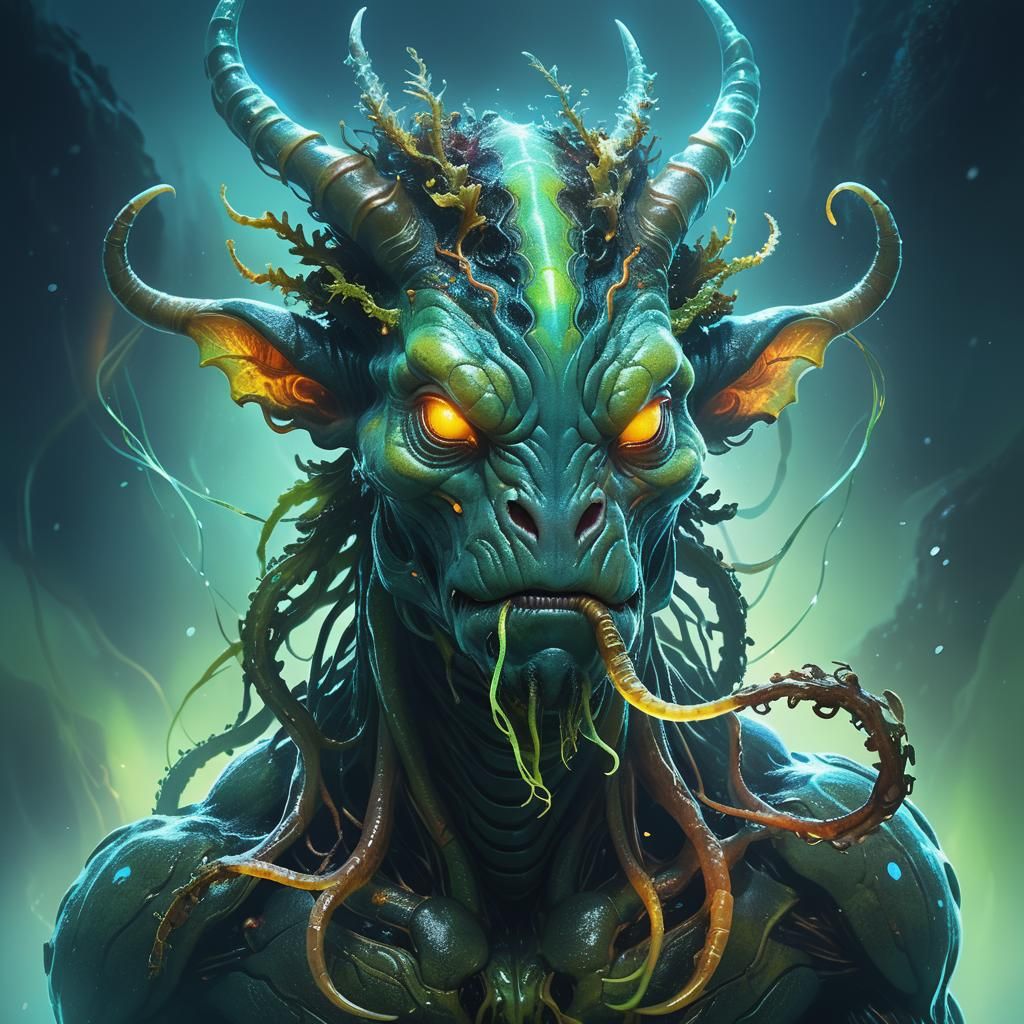 Bull-like Alien Creature in Neon Mist: Concept Art