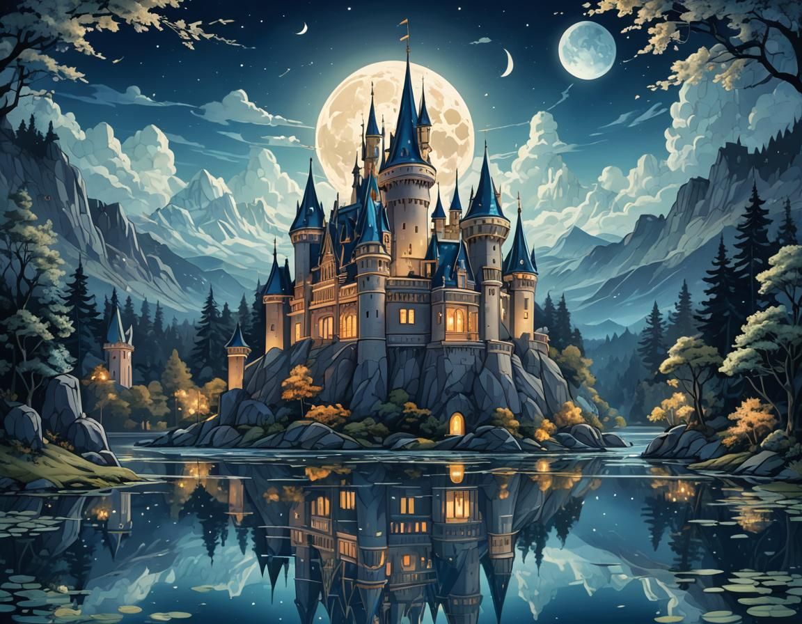 Enchanted Castle Reflected in Moonlit Lake, Watercolor Style