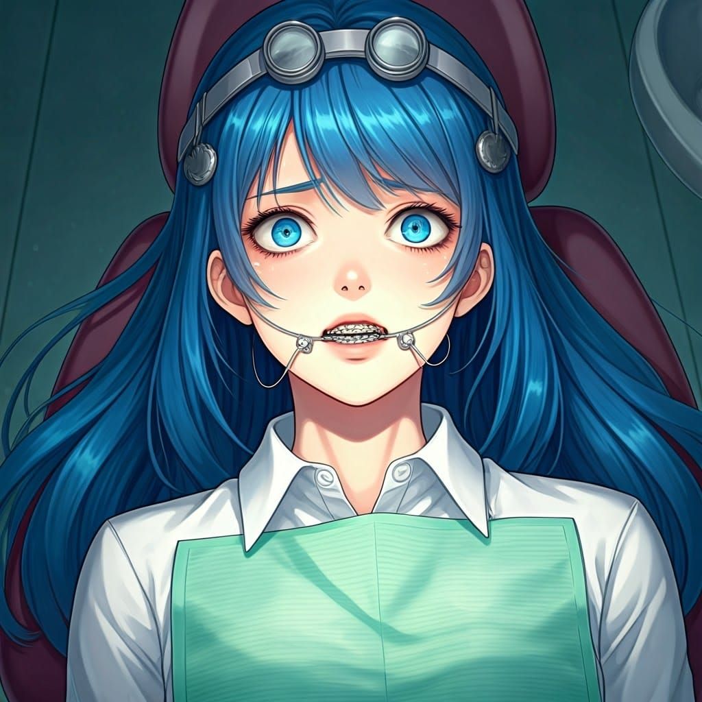 Anime Woman with Braces in Dentist Chair