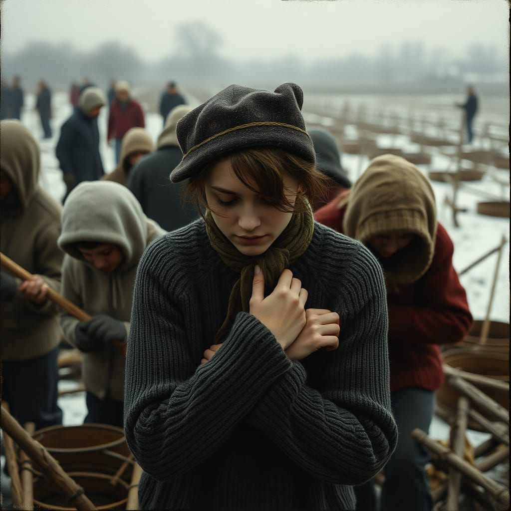 People Working in Fading Winter Light