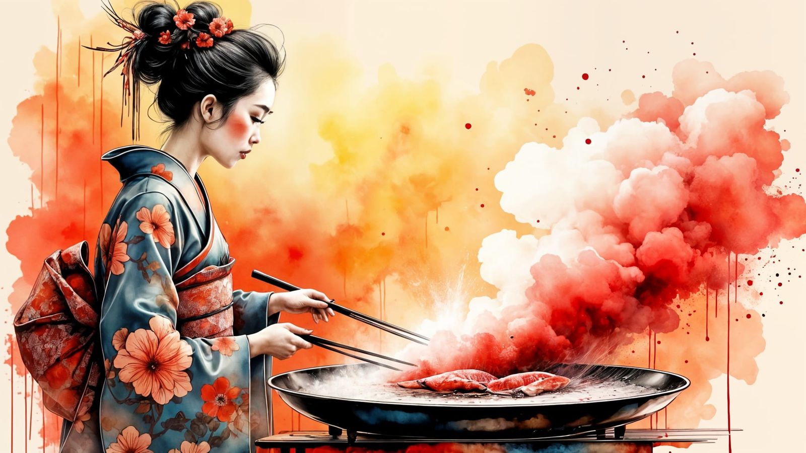 Surreal Japanese Woman Cooks Fish in a Vibrant Impressionist...
