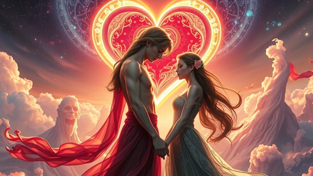 Twin Souls Embrace in a Vibrant Astral Landscape, Detailed M...