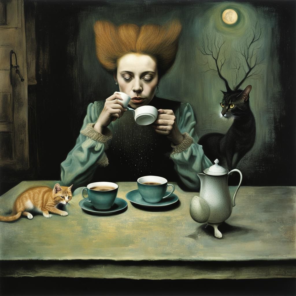 Surreal Insomnia Queen Drinks Coffee at Night