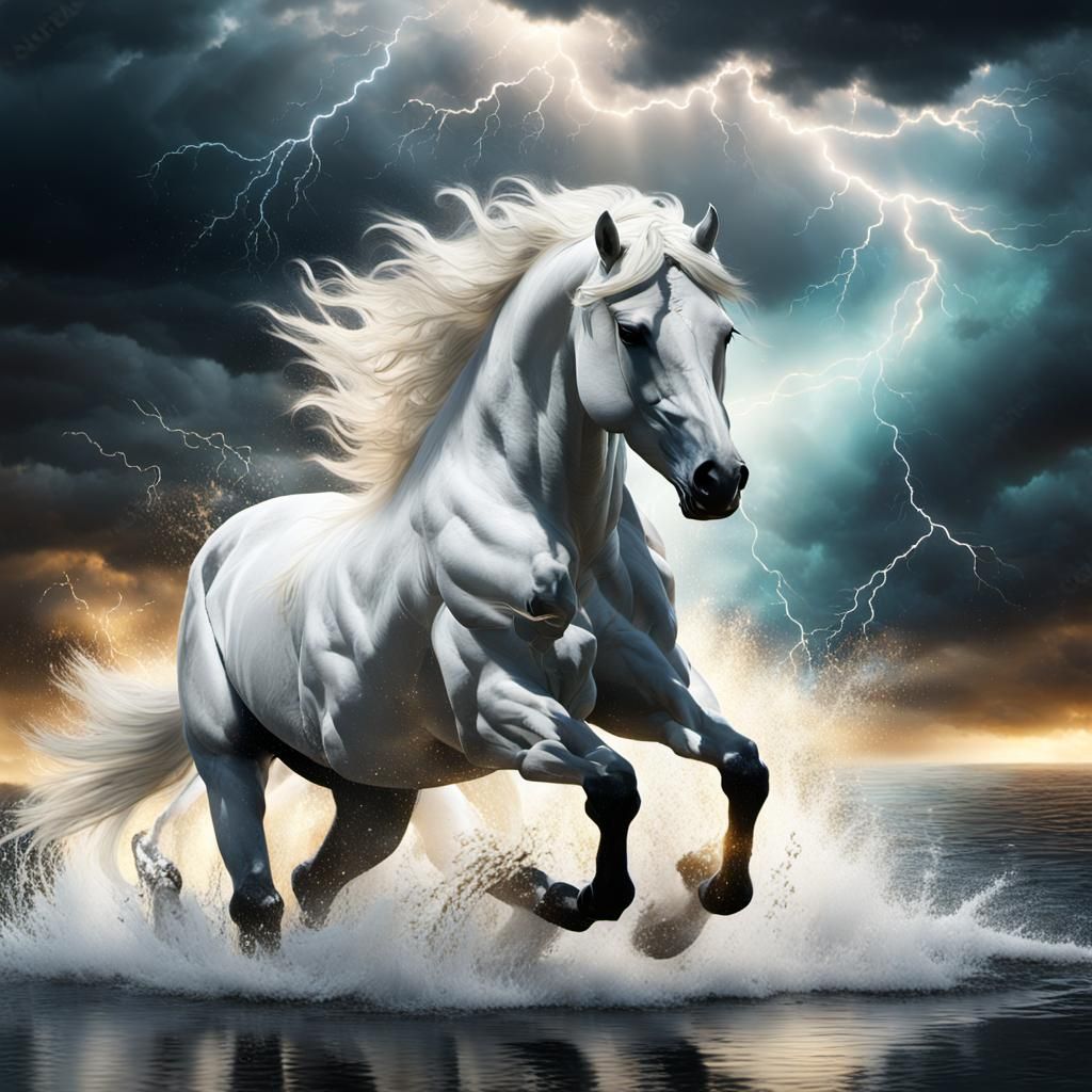 White Stallion Galloping Through Stormy Waters