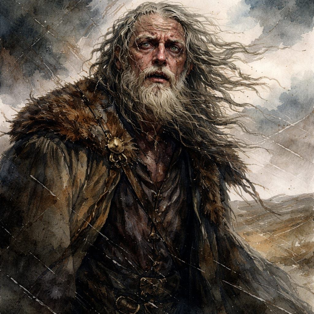 King Lear Portrait on Stormy Heath in Watercolor Style