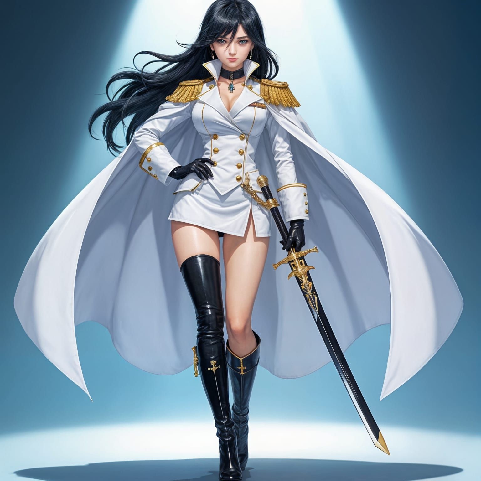 Anime Female Admiral in White Uniform with Sword