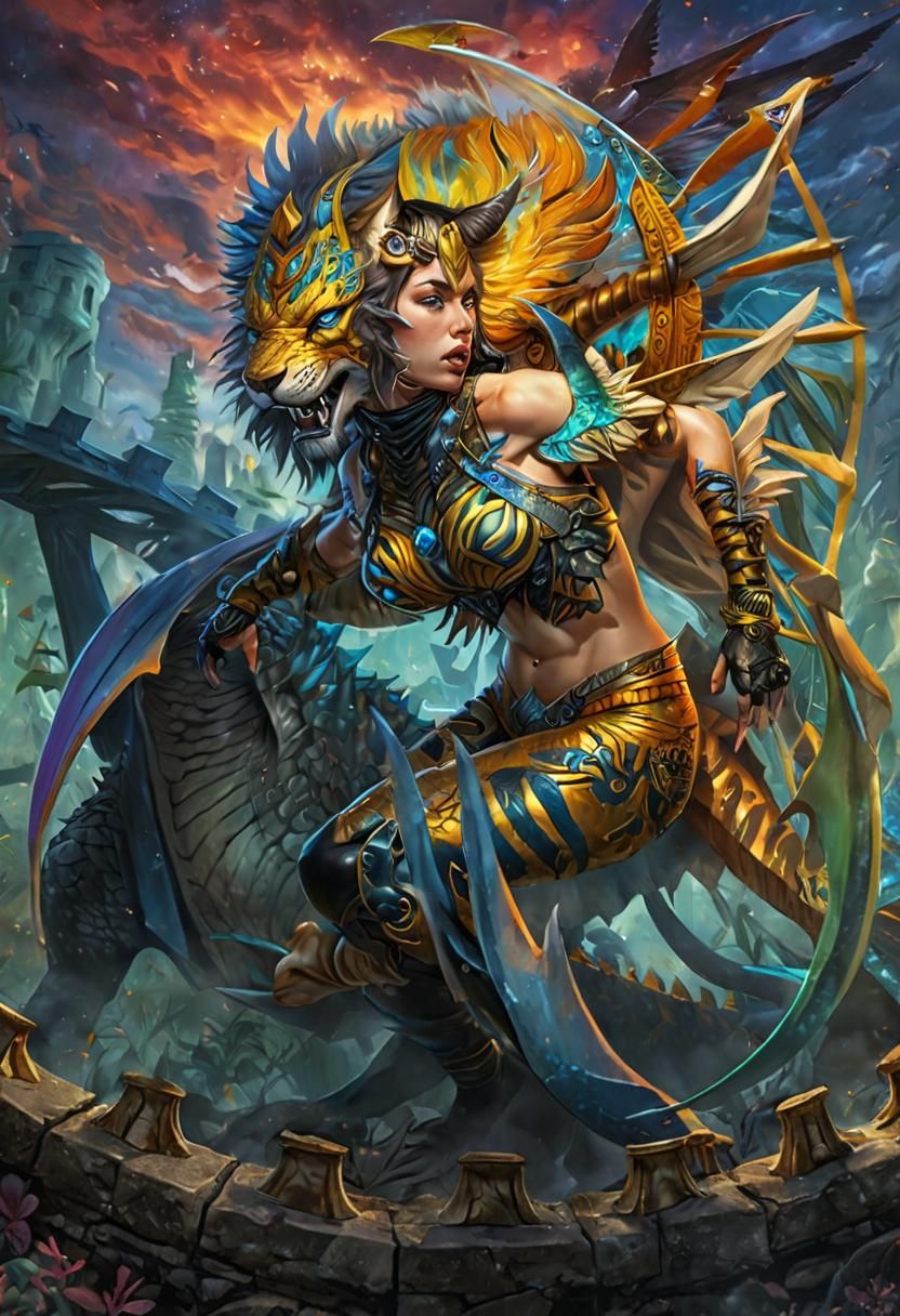 Fierce Chimera Girl in Mixed Media Illustration