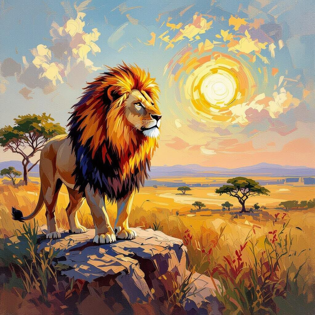 Lion with Fiery Mane in Impressionist Style