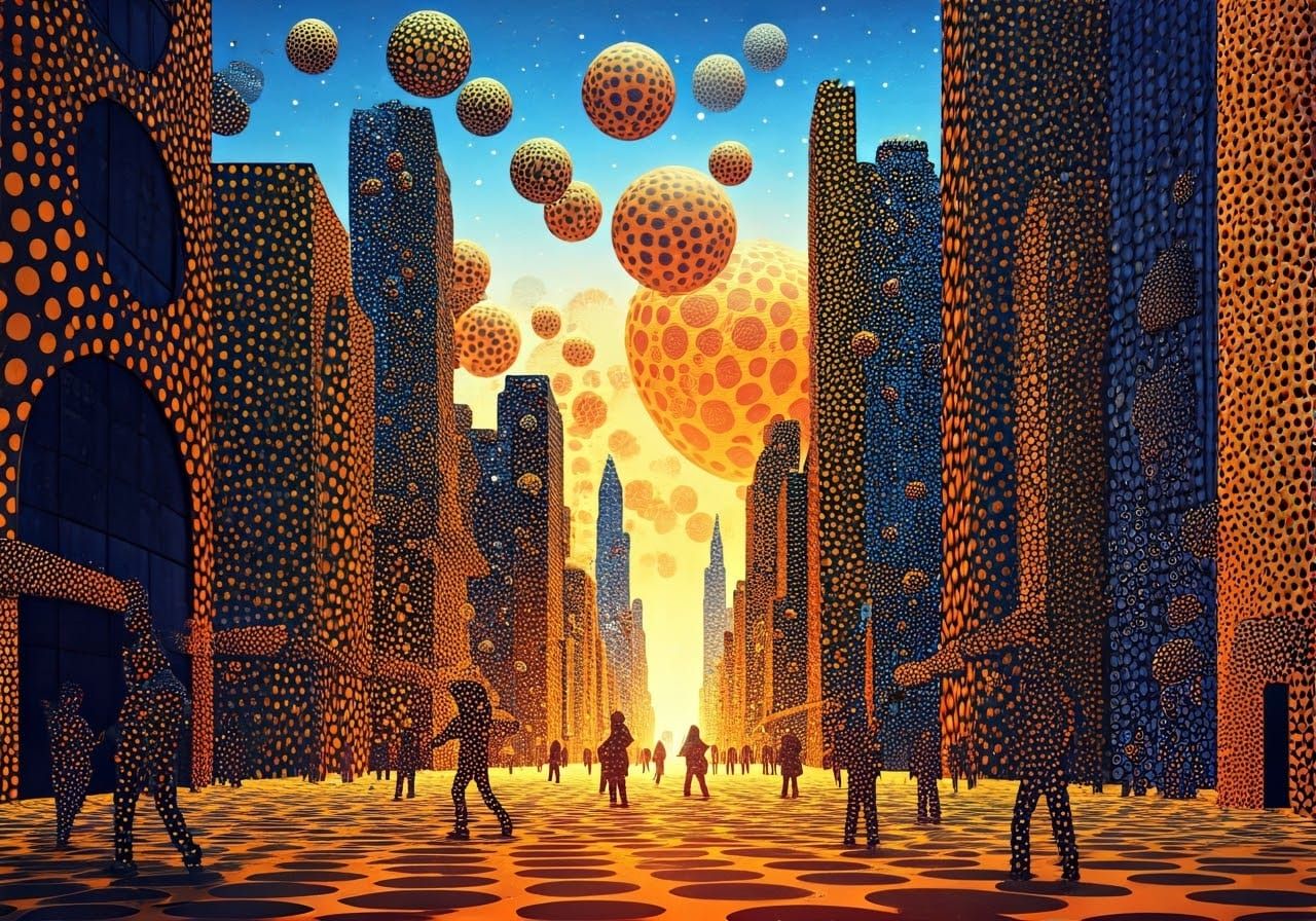 Polka Dot Cityscape: A Surreal Kusama-Inspired Illustration