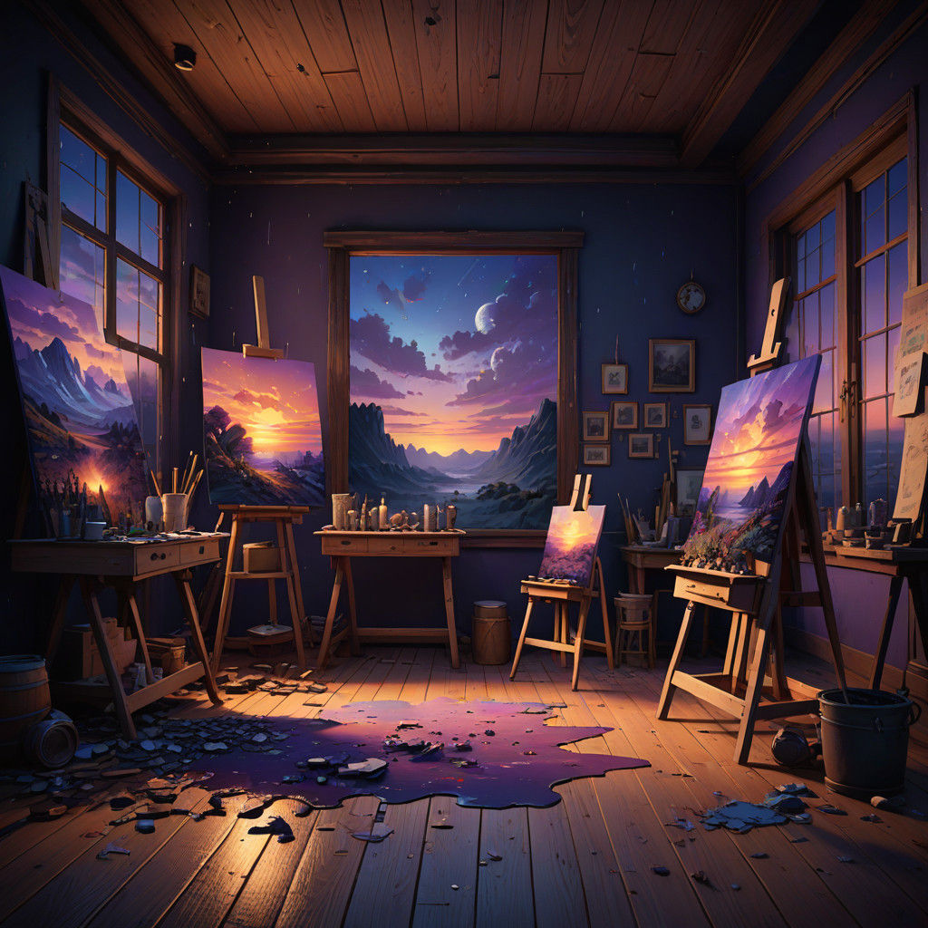 Young Artist Captures Dusk Landscape in Vibrant Oil Painting...
