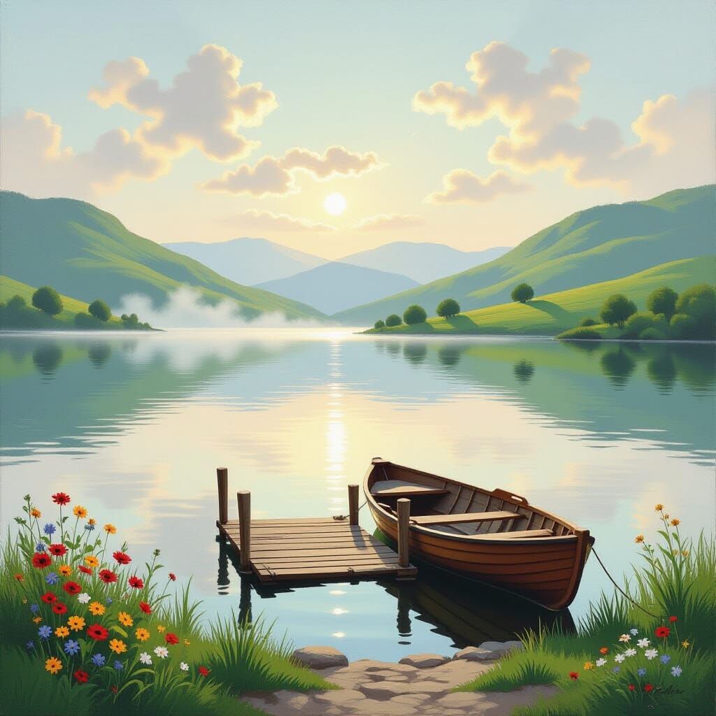 Vintage Oil Painting of Calm Lake and Misty Hills