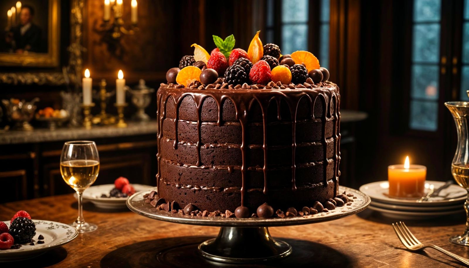 Elaborate Chocolate Cake in Luxury Mansion Kitchen