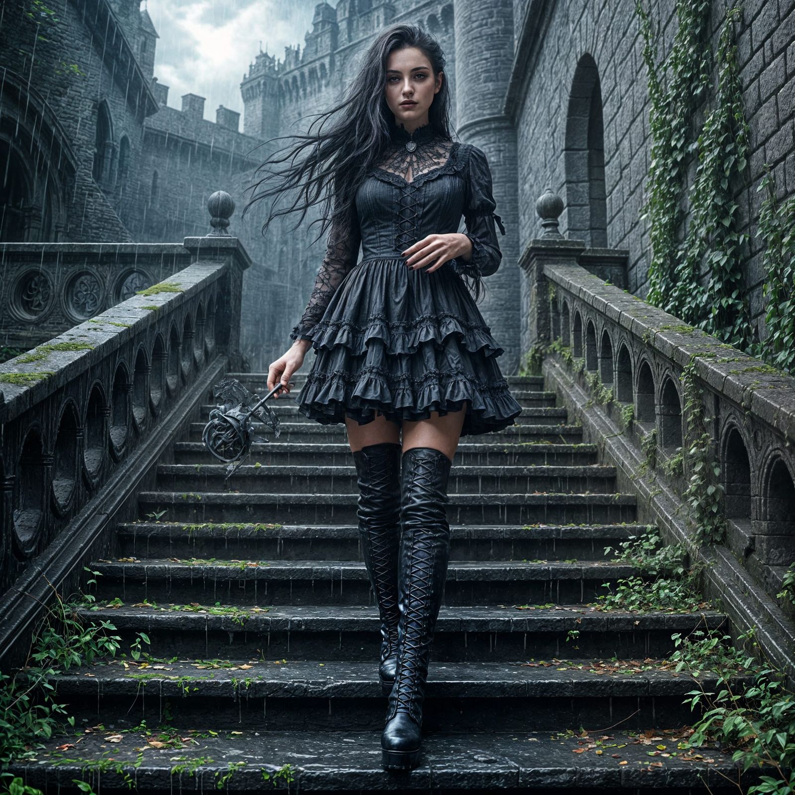Gothic Woman in Black Dress at Abandoned Castle