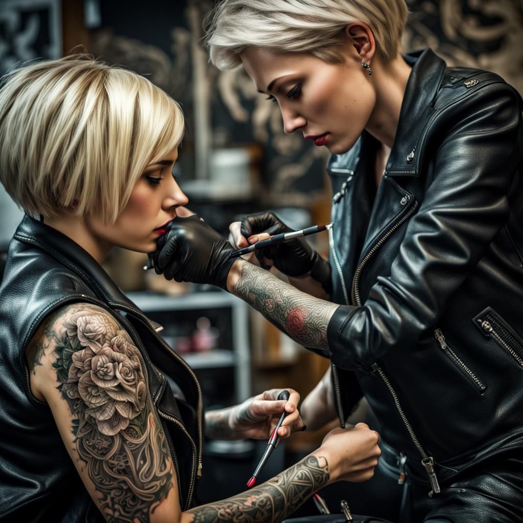 Woman Tattooing Another Woman's Back in Hyperrealistic Style