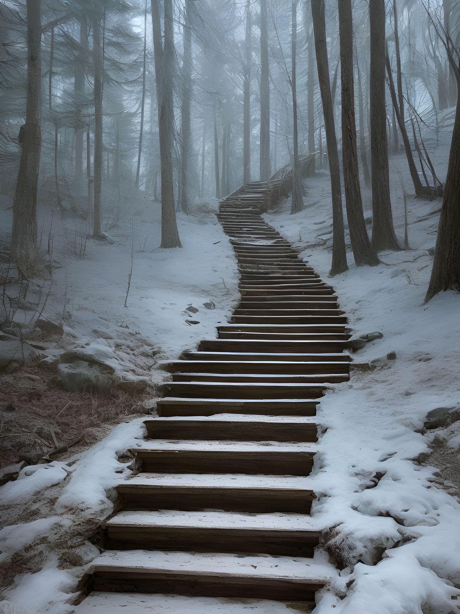Winter Forest Hiking Trail with Ancient Wooden Stairs