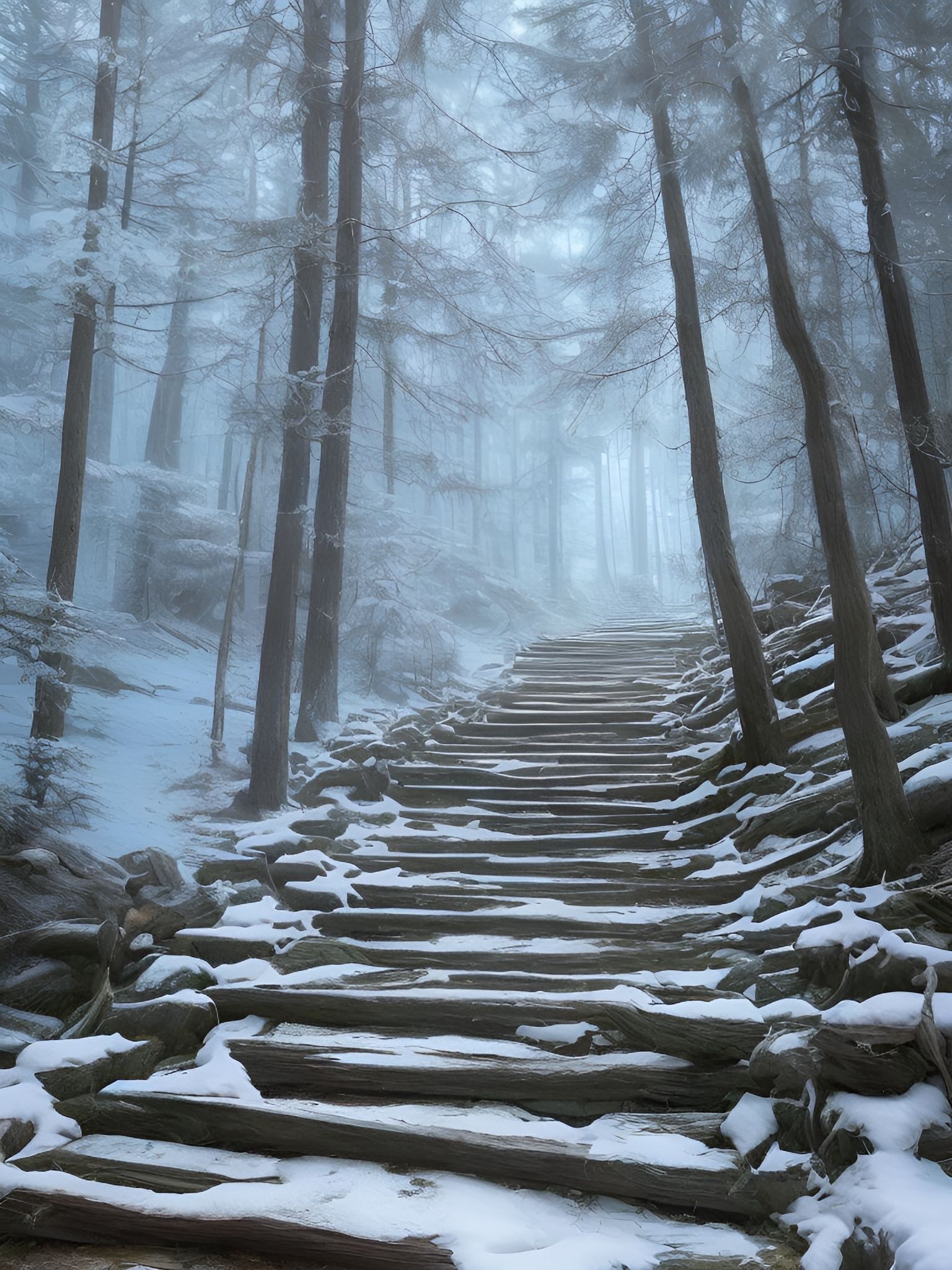 Winter Forest Hiking Trail with Old Wooden Stairs