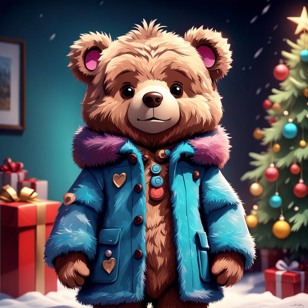 Cute Teddy Bear in Christmas Coat: Pixar-Style 3D Art