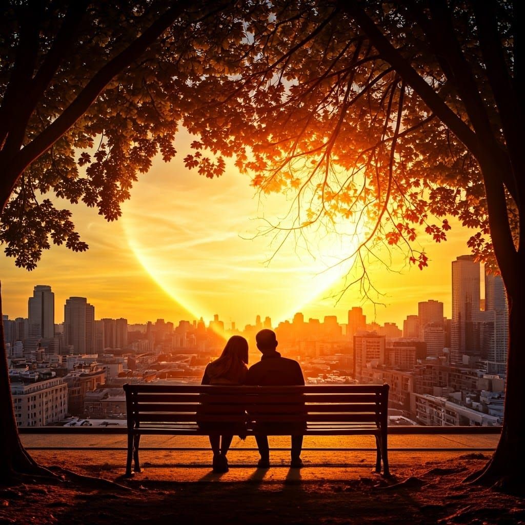 Heart-Shaped Sunset Silhouette: Romantic City Park