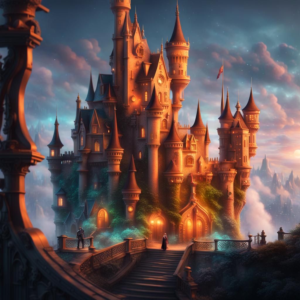 Futuristic Castle with Robot Servants in Hyperrealistic Styl...