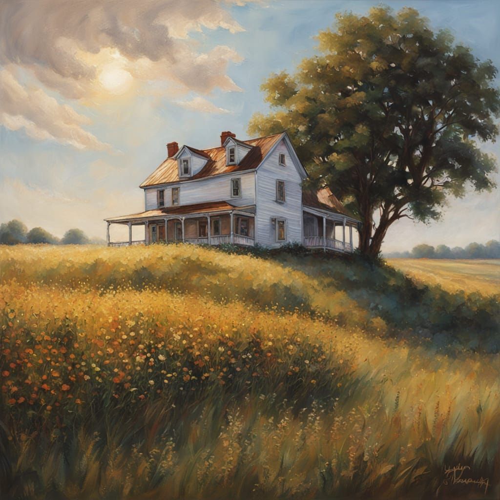 Farmhouse in Flower Field: Hyperrealistic Oil Painting