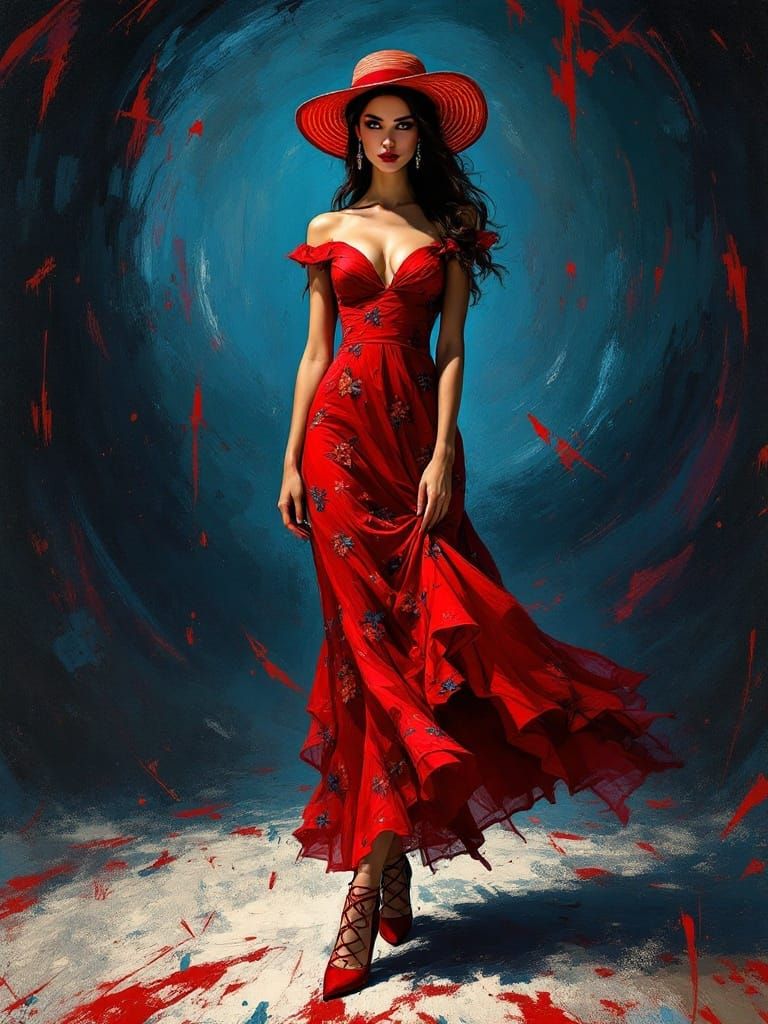 Elegant Woman in Red Dress, Van Gogh Style