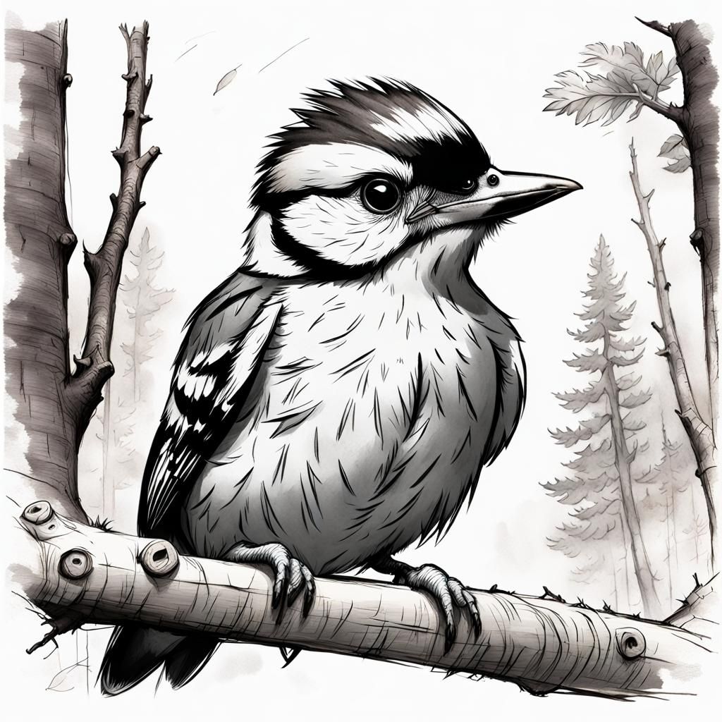 Baby Woodpecker in Forest: Detailed Pencil Sketch