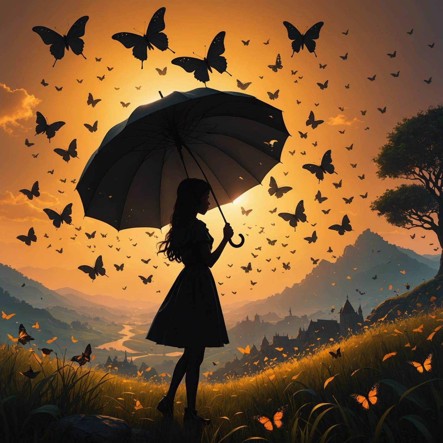 Silhouette of Girl with Butterflies at Sunset