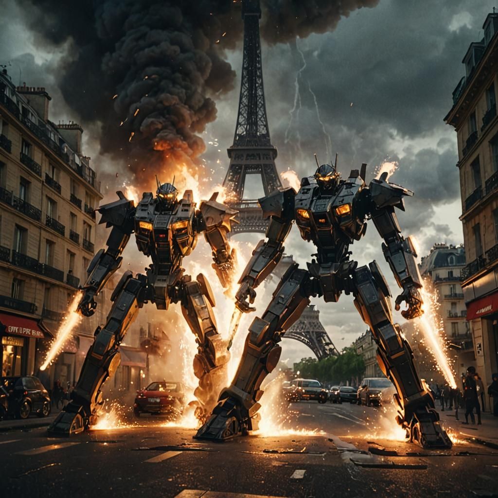 Mecha Blade Fight in Paris: Cinematic Film Still