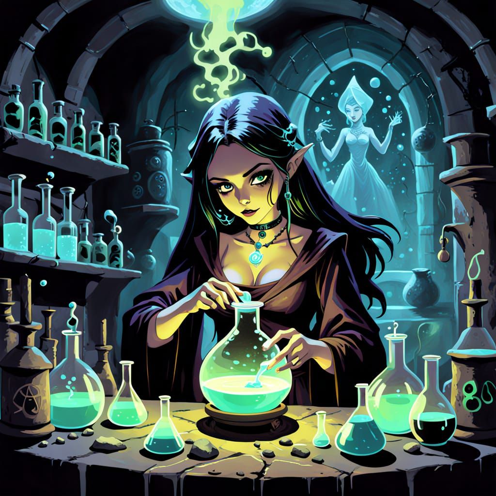 Gothic Sorceress Brews Potion in Bioluminescent Lab