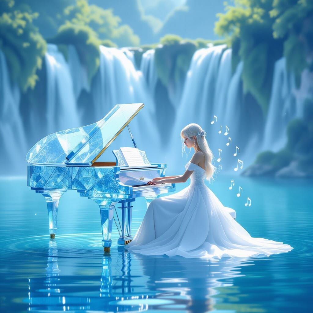 Asian Pianist Plays Crystal Piano on Serene Lake