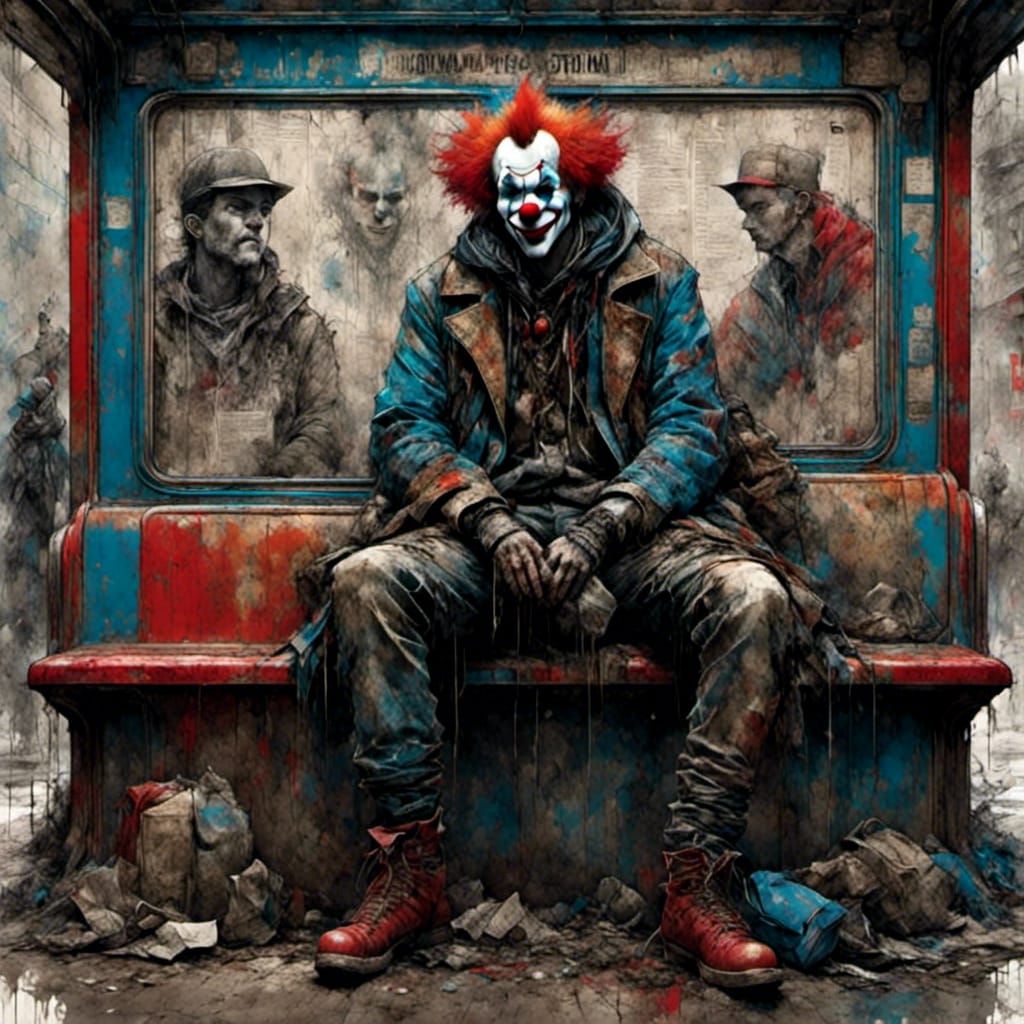 Clown at Bus Stop: Detailed Fantasy Concept Art