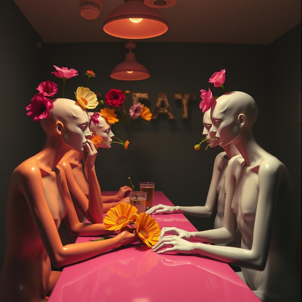Surreal Mannequin Flower Eaters in Abstract Style
