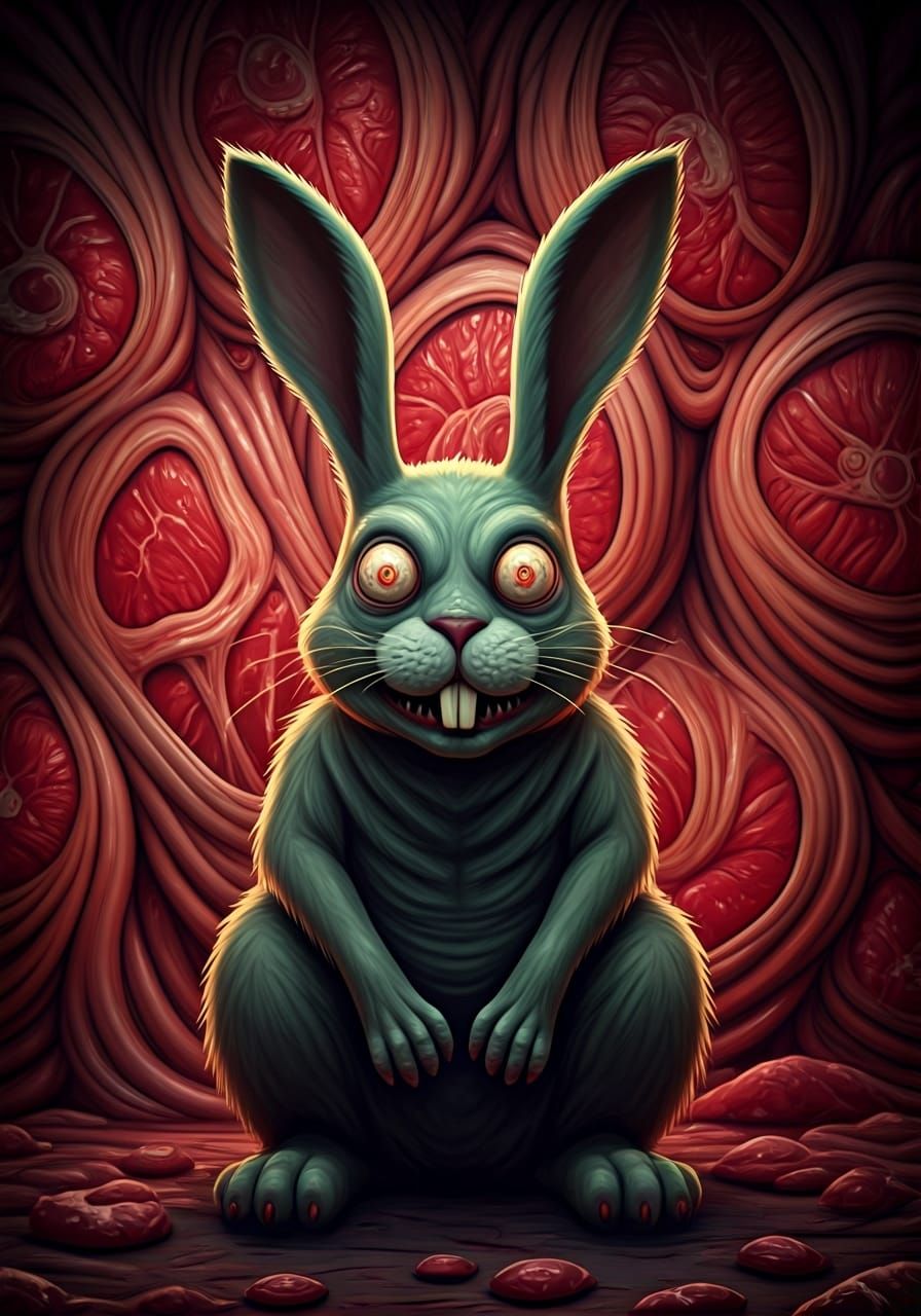 Grotesque Rabbit Before Meat Wall in Eerie Horror Style