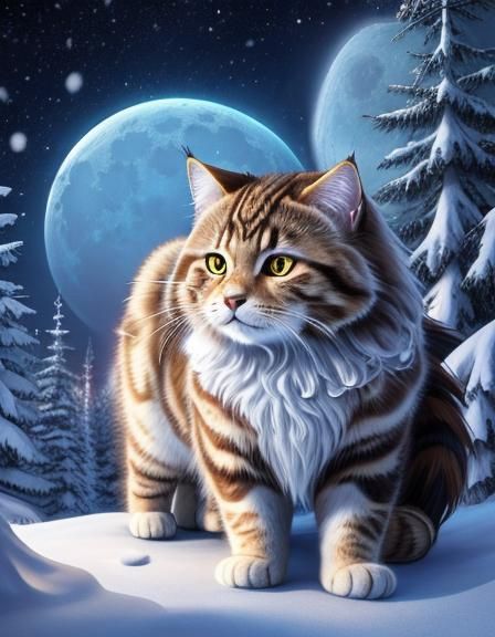 Siberian Cat Wizard in Snowy Anime Scene