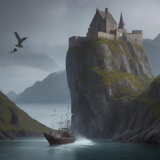 Viking Ship Under Attack in Fjord, Hyperrealistic Splash Art