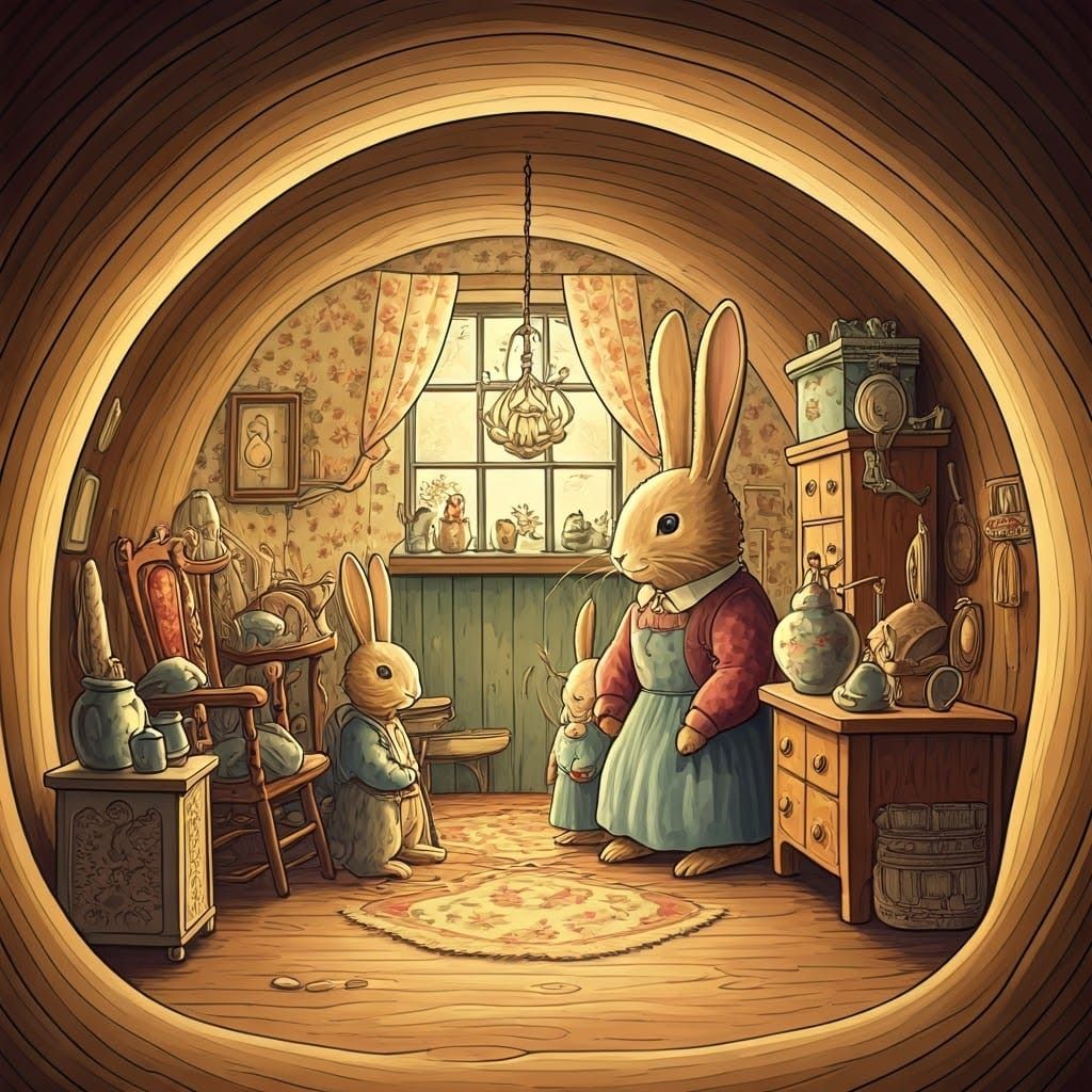 Whimsical Rabbit Family in Cozy 1930s-Style Burrow