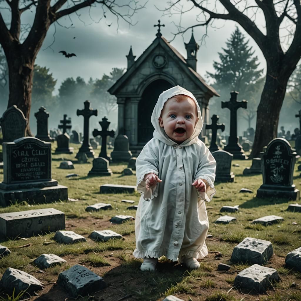 Fantasy Graveyard Scene with Devil and Baby Ghost