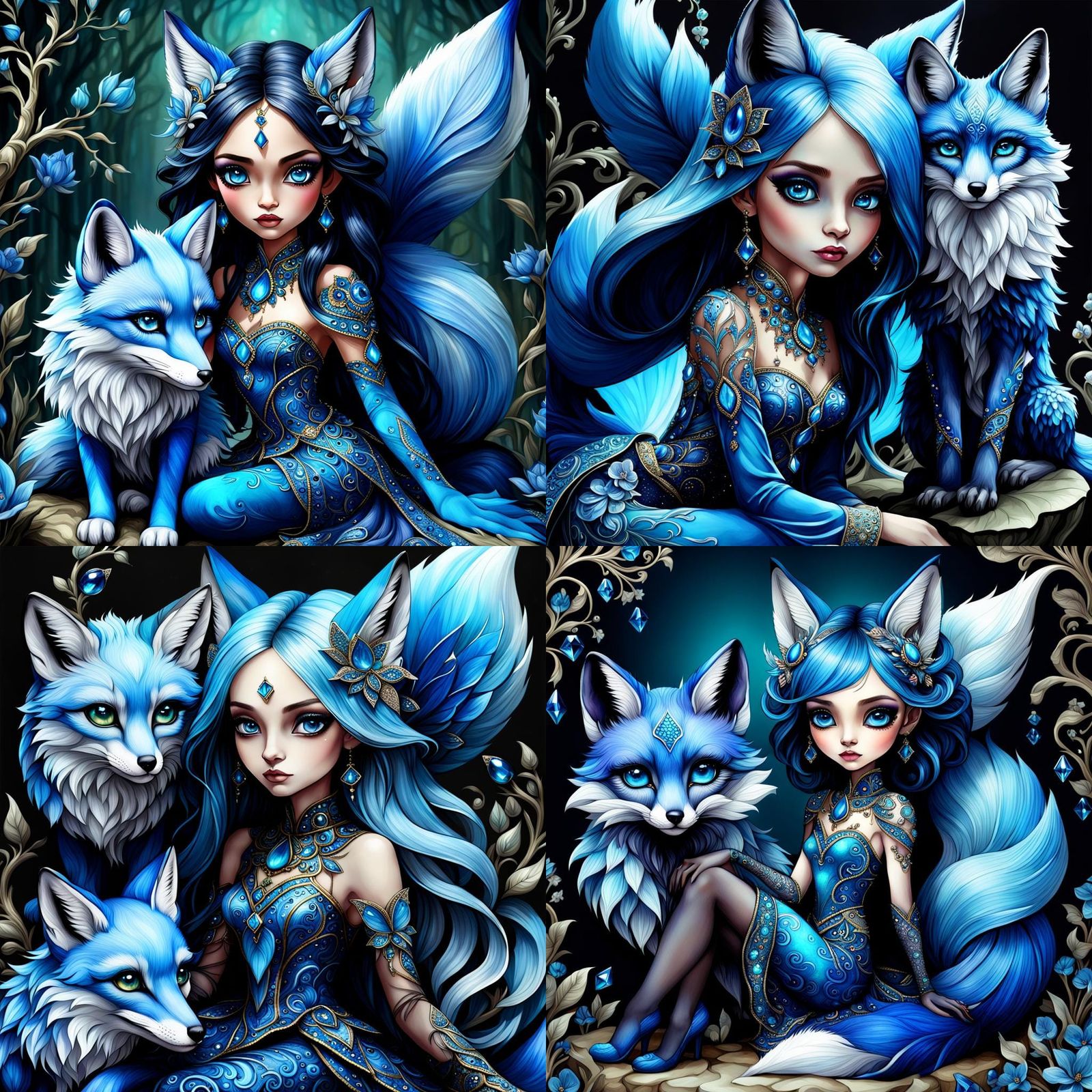 Darkling Fairy Perched on Jeweled Blue Fox