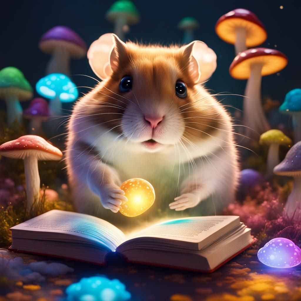 Glowing Hamster Reading Magical Books