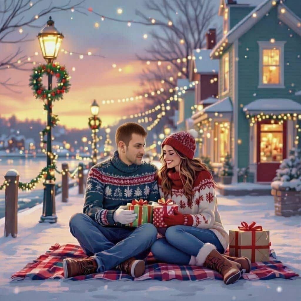 Cozy Christmas Romance Book Cover: Couple Opens Gifts