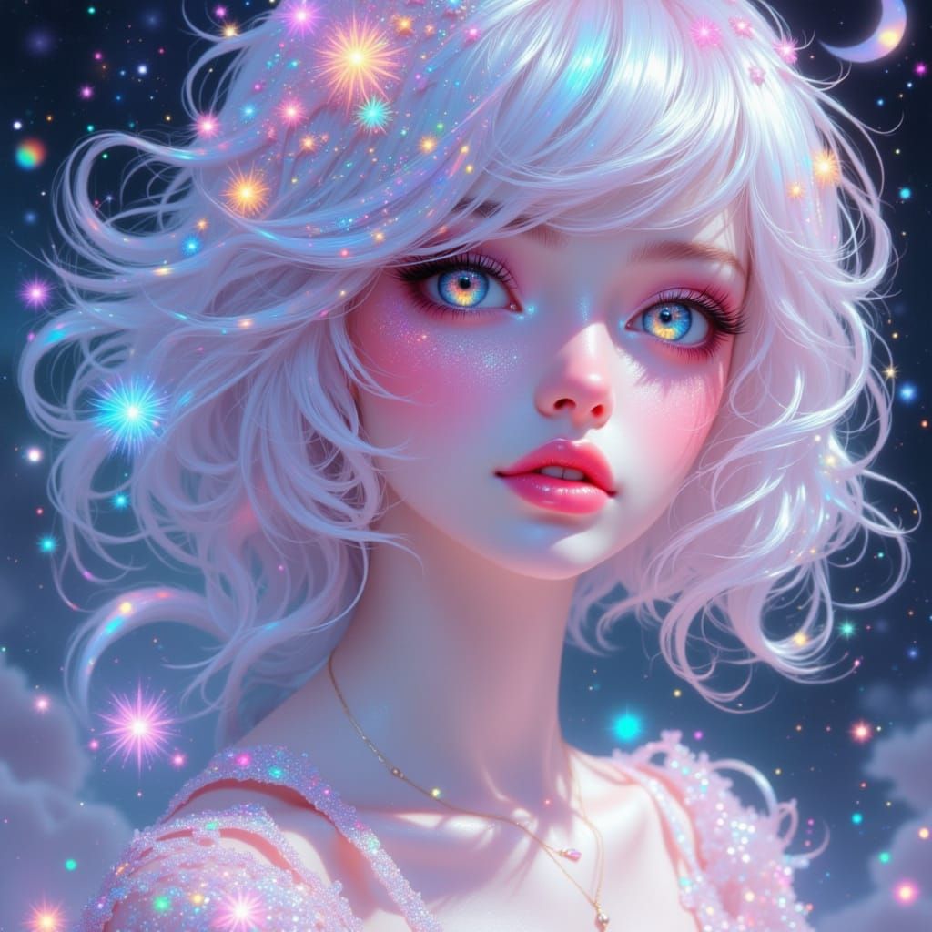 Ethereal Doll Woman in Dreamlike Galaxy Landscape