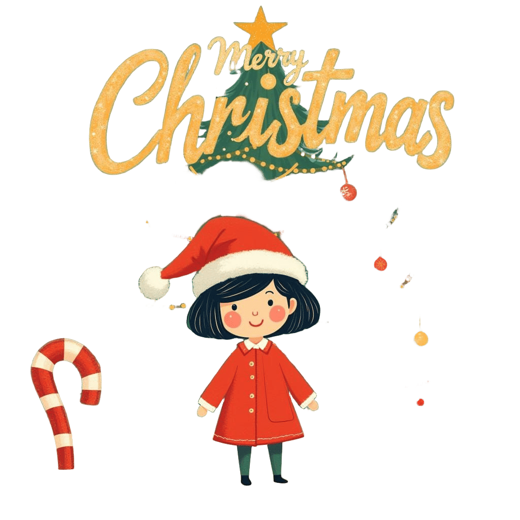 Merry Christmas Joy with Chinese Girl and Whimsical Winter W...