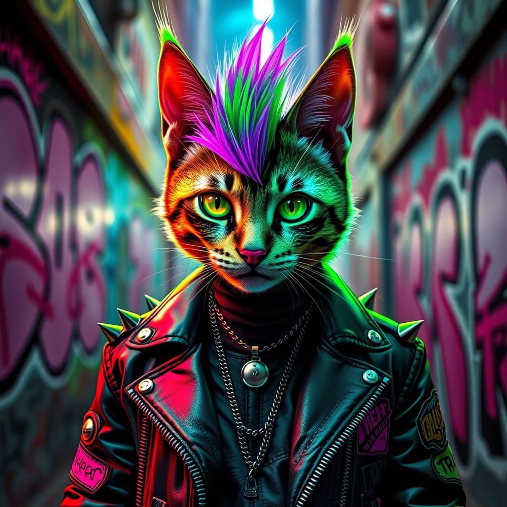 Vibrant Punk Cat in Graffiti Alley, Digital Illustration