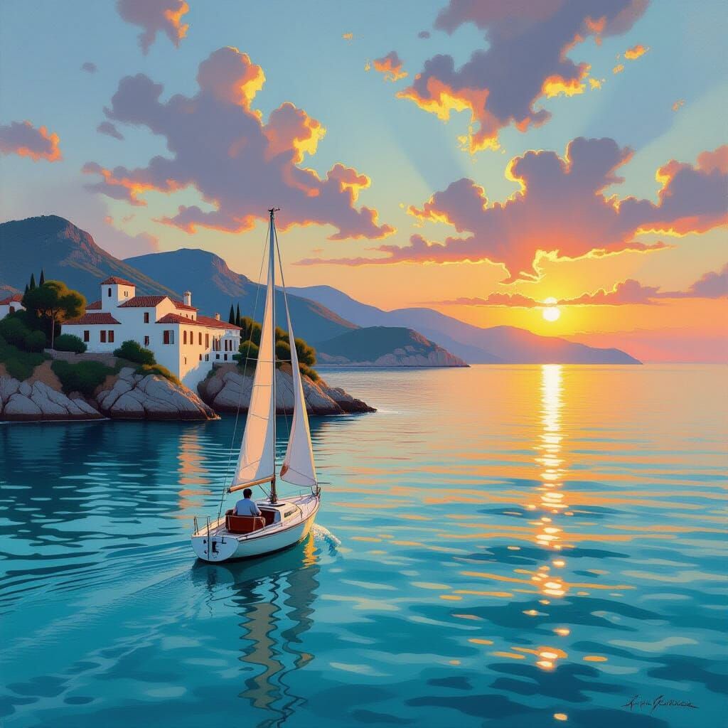 Yachtsman at Sunset Near Spanish Villa, Impressionistic Pain...