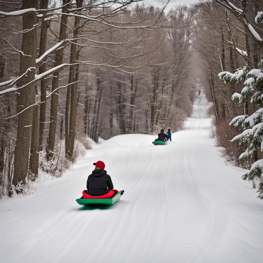 Toboggan Sledding Scene in Winter Snow